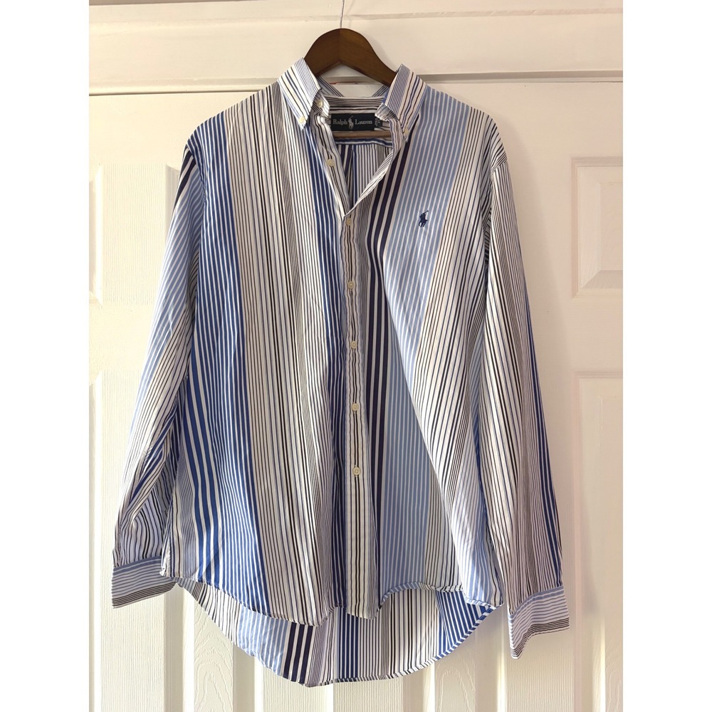 Ralph Lauren Mens Custom Fit Multi Stripe Button Down Shirt Blue White Large